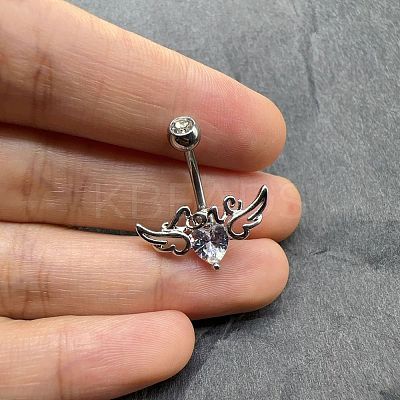 Heart with Wings Brass Crystal Rhinestone Curved Barbell Belly Rings FS-WG4497F-01-1