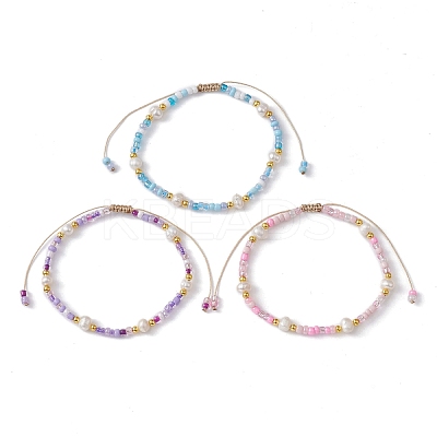 3Pcs 3 Color Natural Pearl & Glass Seed Braided Bead Bracelets Set BJEW-JB09535-1