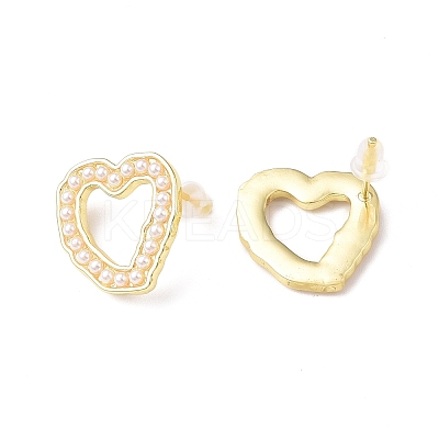 Plastic Imitation Pearl Beaded Hollow Out Heart Stud Earrings EJEW-F306-02G-1