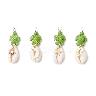 12Pcs 12 Styles Natural Cowrie Shell & Dyed Synthetic Turquoise Turtle Copper Wire Wrapped Pendants PALLOY-JF04035-1