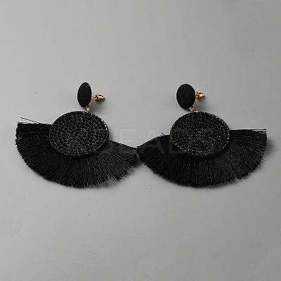 Cotton Fan Tassel Dangle Earrings with Rhinestone EJEW-WH0012-046-1