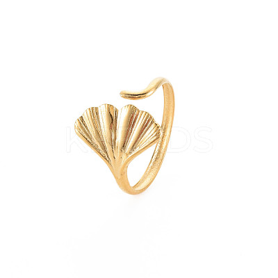 Ion Plating(IP) 304 Stainless Steel Ginkgo Leaf Wrap Open Cuff Ring for Women RJEW-S405-157G-1