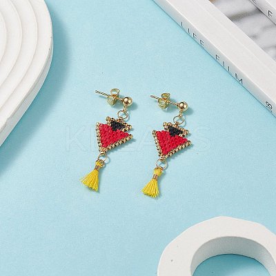Glass Seed Braided Triangle with Cotton Tassel Dangle Stud Earrings EJEW-MZ00043-1