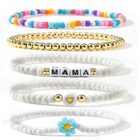 5Pcs Mother's Day Brass & Glass Seed Bead Stretch Bracelets for Women SK3516-7-1