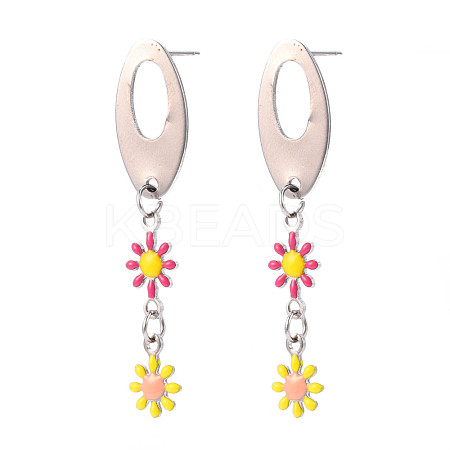 Oval with Flower Enamel Long Dangle Stud Earrings EJEW-N049-05A-1