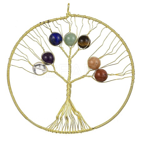 Rack Plating Copper Wired Natural Quartz Crystal & Amethyst & Lapis Lauli & Green Aventurine & Red Aventurine & Red Jasper & Tiger Eye Chakra Big Pendants G-P552-02G-1