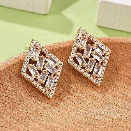 Rhombus Brass Micro Pave Clear Cubic Zirconia Stud Earrings for Women EJEW-G428-05G-1