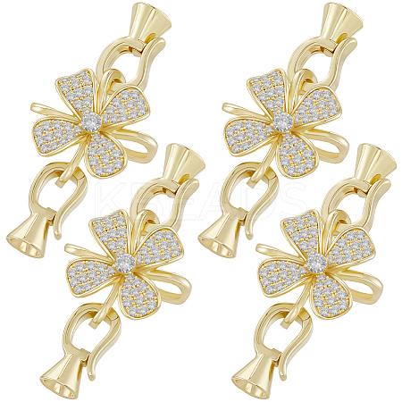 6 Sets Rack Plating Flower Brass Pave Clear Cubic Zirconia Fold Over Clasps KK-BBC0021-28-1