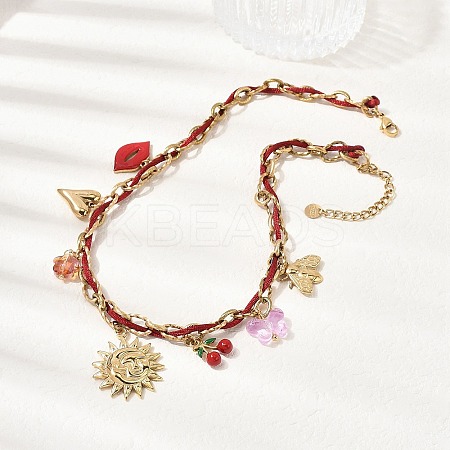 304 Stainless Steel Sun Heart Bees Red Enamel Lip Cherry Pendant Dark Red Cord Necklaces for Women NJEW-A063-09G-1