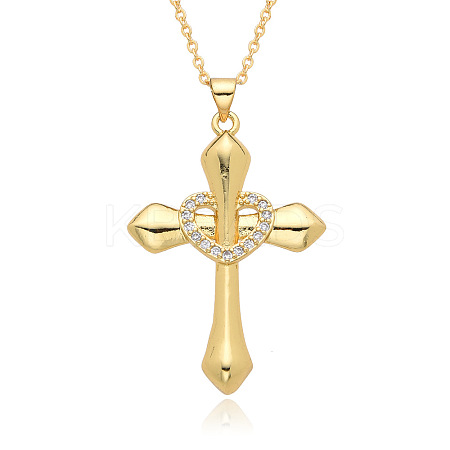 Brass Micro Pave Clear Cubic Zirconia Cross with Heart Pendant Necklaces FS-WG8523C-05-1