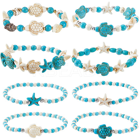 8Pcs Turtle & Starfish Synthetic Turquoise Beaded Stretch Bracelet Sets BJEW-SC0001-47-1