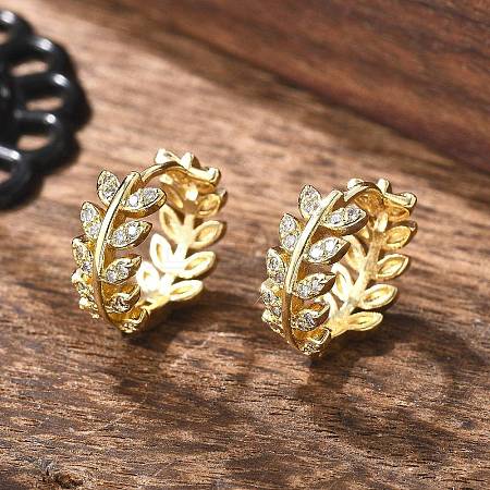 Clear Cubic Zirconia Leaf Hoop Earrings EJEW-B013-01-1