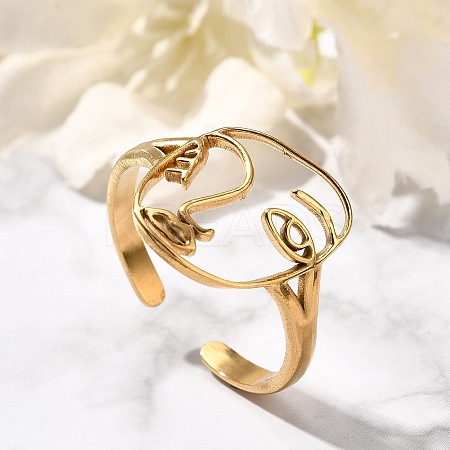 Hollow Human Face 304 Stainless Steel Open Cuff Rings for Women LS-RJEW-M046-03G-1