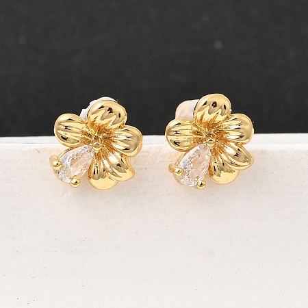 Brass Micro Pave Clear Cubic Zirconia Flower Stud Earrings EJEW-C158-17A-G-1