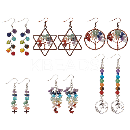 ANATTASOUL 6 Pairs 6 Style Natural Mixed Gemstone Tree of Life Dangle Earrings EJEW-AN0003-18-1