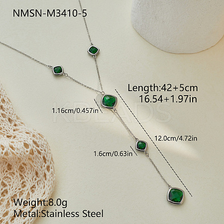 304 Stainless Steel Glass Rhombus Long Y Tassel Necklaces for Women WGE6B13-04-1
