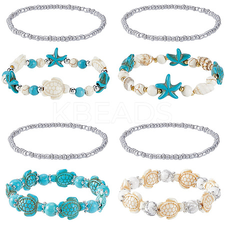 8Pcs Turtle & Starfish Synthetic Turquoise Beaded Stretch Bracelet BJEW-SC0001-46-1