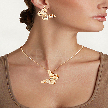 Alloy Hollow Butterfly Stud Earrings & Pendant Necklaces Sets for Women SJEW-LP0001-41-1
