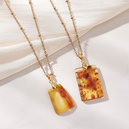 Natural Amber Rectangle Pendant 304 Stainless Steel Cable Chain Necklaces NJEW-JN05981-02-1