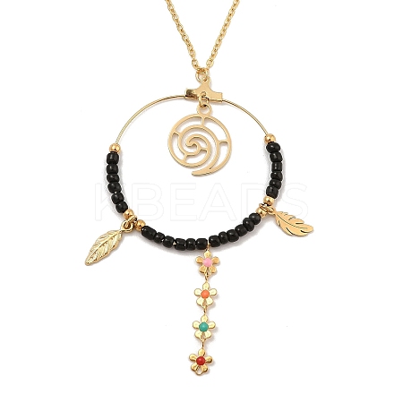 Boho Plasic Bead & 304 Stainless Steel Flower & leaf Pendant Cable Chain Necklaces for Women NJEW-A032-07G-01-1