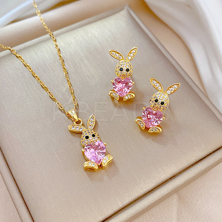 Brass Micro Pave Cubic Zirconia Pendant Necklace & Stud Earrings WG7AC39-13-1