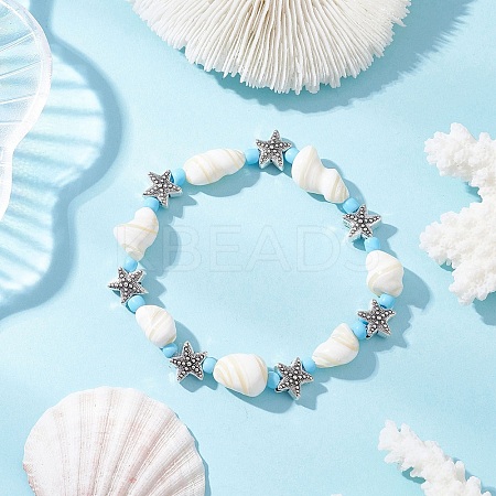 Ocean Theme Natural Shell & Alloy Beaded Stretch Bracelets for Men Women BJEW-JB12387-03-1
