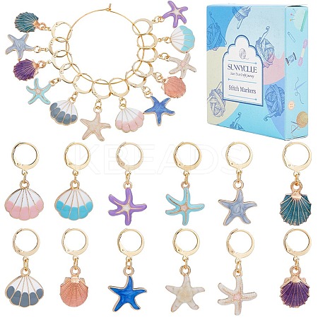 Shell & Starfish Shape Alloy Enamel Pendant Stitch Markers HJEW-SC00016-1