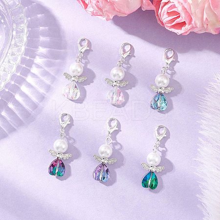 Heart Angel Glass & Glass Pearl Pendant Decorations HJEW-JM03773-04-1