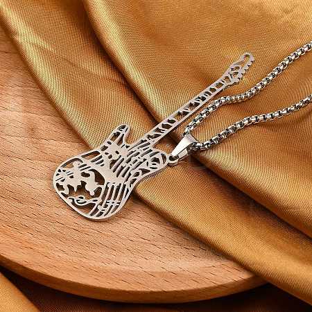 201 Stainless Steel Hollow Guitar Pendant Box Chain Necklaces NJEW-M086-03P-1