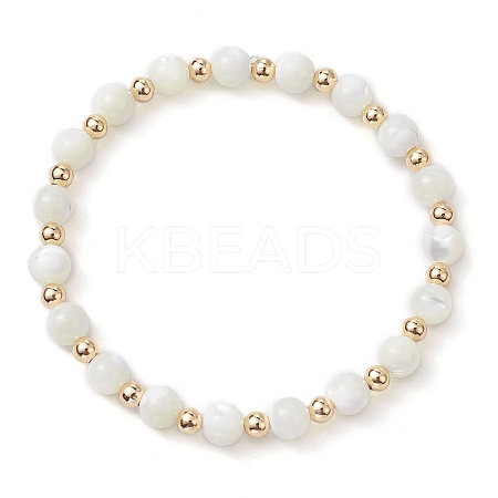 Round Natural Sea Shell Beaded Stretch Bracelets with Brass Beads for Women Men BJEW-JB10278-1