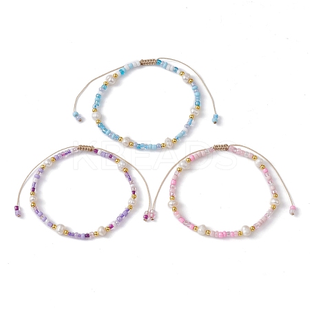 3Pcs 3 Color Natural Pearl & Glass Seed Braided Bead Bracelets Set BJEW-JB09535-1