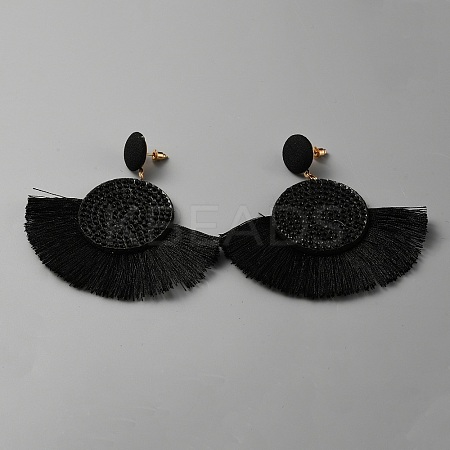 Cotton Fan Tassel Dangle Earrings with Rhinestone EJEW-WH0012-046-1