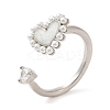 Cubic Zirconia Heart Open Cuff Ring with ABS Plastic Pearl Beaded RJEW-M148-05P-3