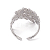 304 Stainless Steel Hollow Out Leaf Open Cuff Ring for Women RJEW-C045-16P-3