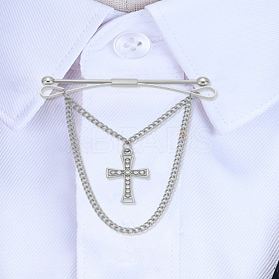 1Pc Cross Brass Rhinestone Hanging Chains Collar Pins Tie Clips AJEW-LP0002-47P-1