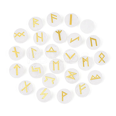 Brass Elder Futhark Alphabet Engraved Symbol Flat Round Natural Quartz Crystal Rune Stones G-I373-01B-1