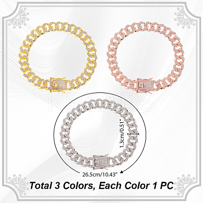 3Pcs 3 Colors Zinc Alloy Crystal Rhinestone Cuban Link Chain Anklets BJEW-GA0001-13-1