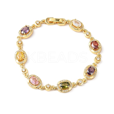 Oval Brass Micro Pave Cubic Zirconia Link Chain Bracelets for Women BJEW-D387-04G-06-1