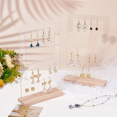 Transparent Acrylic Vertical Earring Display Stands with Wooden Base EDIS-WH0021-48A-1