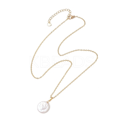 Natural Baroque Pearl Keshi Pearl Flat Round Pendant 304 Stainless Steel Cable Chain Necklaces NJEW-JN05892-1