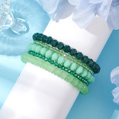 5Pcs 5 Styles Faceted Round Glass Beaded Stretch Bracelet Sets BJEW-JB10423-06-1