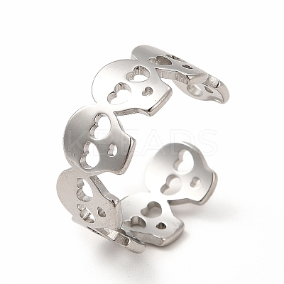 Non-Tarnish 304 Stainless Steel Skull Open Cuff Ring for Women RJEW-B027-31P-1