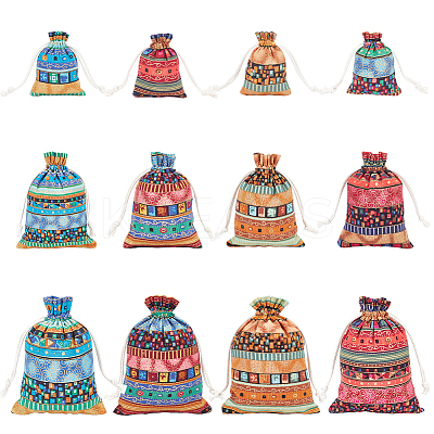 12Pcs 12 Styles Bohemian Rectangle Geometric Print Linenette Drawstring Bags ABAG-NB0001-89-1