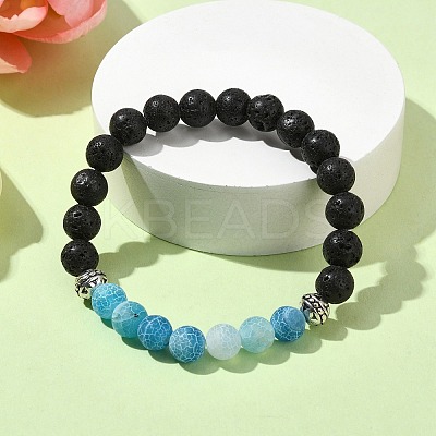 Natural Dyed Crackle Agate & Lava Rock Round Beaded Stretch Bracelet BJEW-TA00444-01-1