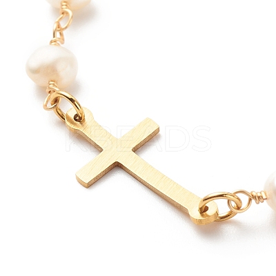 201 Stainless Steel Cross Link Bracelet with Natural Pearl Beaded Chains for Women BJEW-JB08543-1