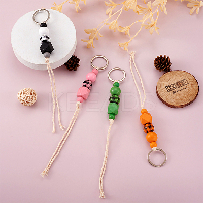 6Pcs 6 Colors Schima Wood & Cotton Cord Keychain KEYC-KS0001-03-1