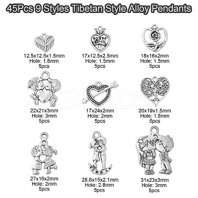 45Pcs 9 Styles Tibetan Style Alloy Pendants TIBEP-CJ0002-74-1