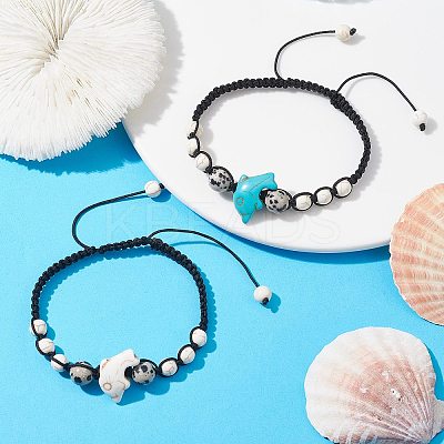 2Pcs 2 Color Synthetic Turquoise Dolphin & Natural Dalmation Jasper Braided Bead Bracelets Set BJEW-JB09839-1