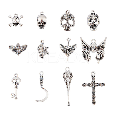 60Pcs 12 Styles Halloweem Themed Tibetan Style Alloy Pendants TIBEP-DC0001-35-1