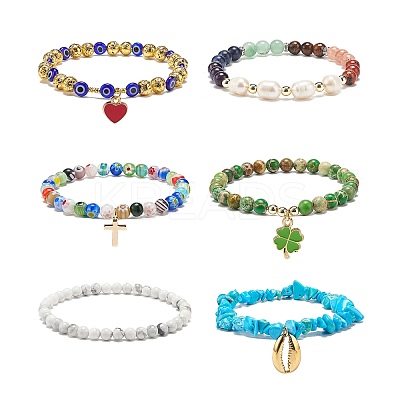 6Pcs 6 Style Natural Mixed Gemstone & Pearl & Glass Beaded Stretch Bracelets Set BJEW-JB08876-1